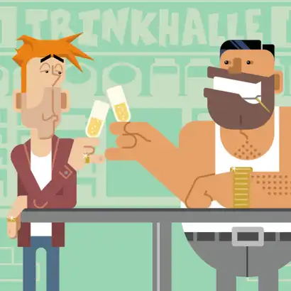 Zwei Comicfiguren stossen mit einem Sektglas an