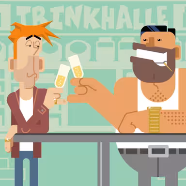 Zwei Comicfiguren stossen mit einem Sektglas an