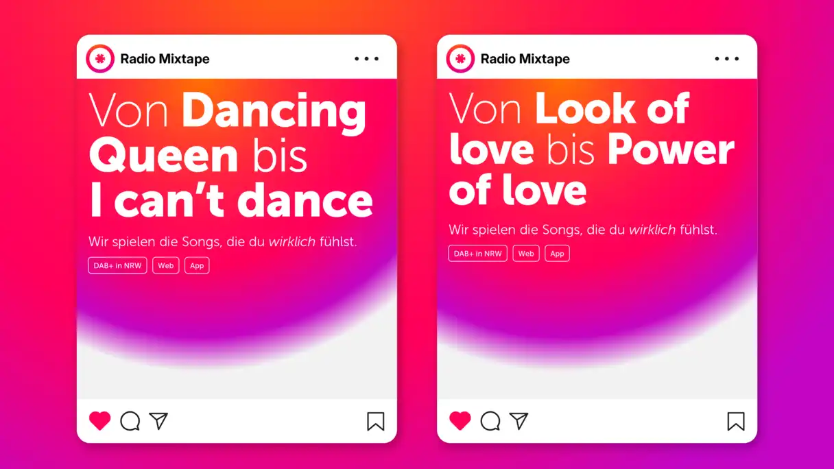 Social Media Posts Von Dancing Queen bis I can't dance. Von Look of love bis Power of Love
