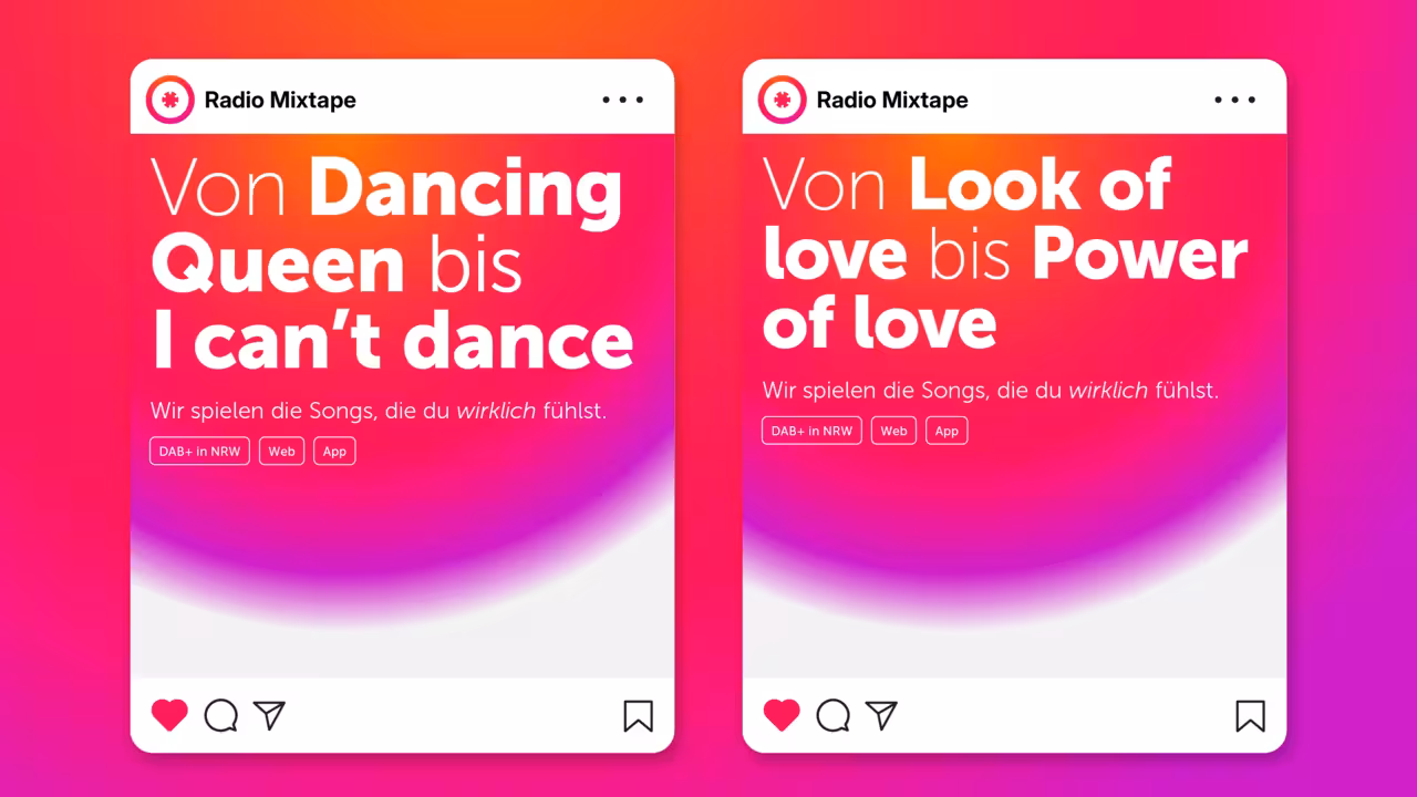 Social Media Posts Von Dancing Queen bis I can't dance. Von Look of love bis Power of Love